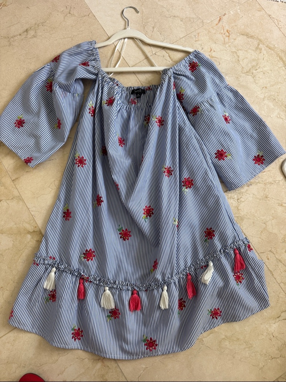 Women’s Blue Striped Dress with Red Floral Embroidery and white and red tassels